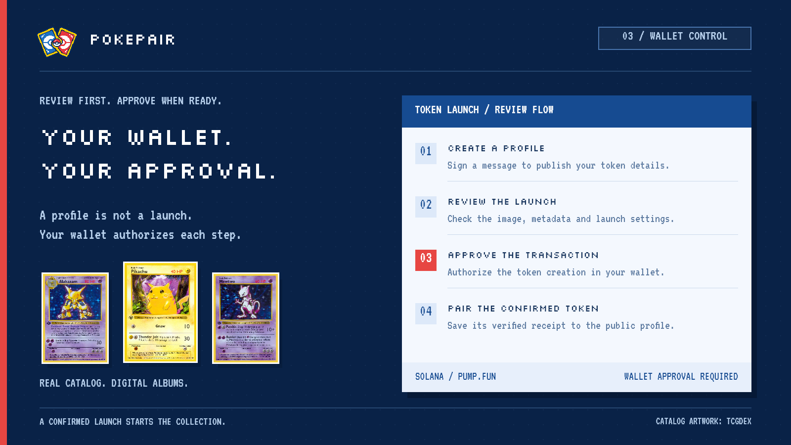 Wallet approval and token profile flow in the Pokepair pixel style